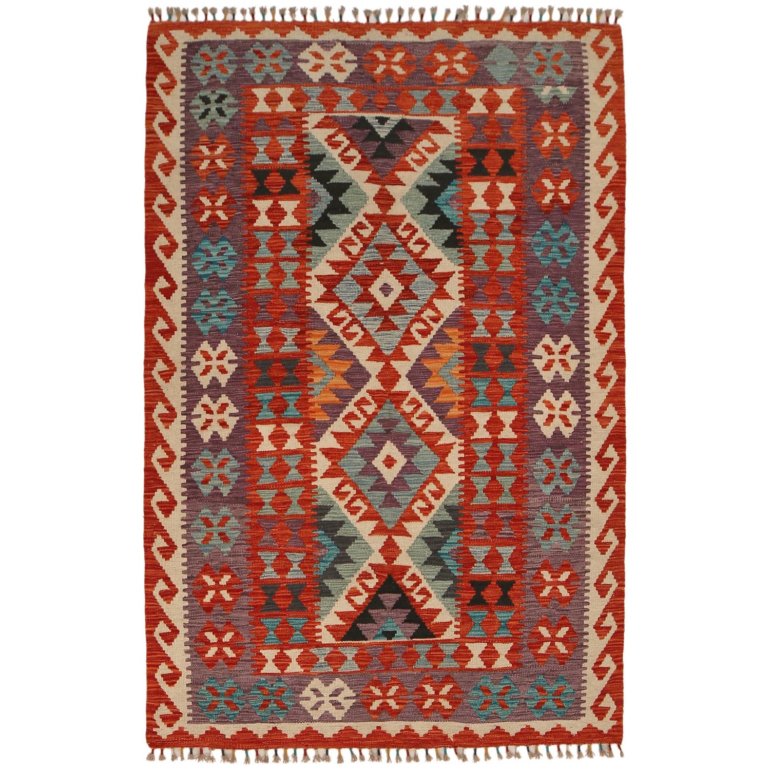 Hand Knotted Afghan Style Kilim 4' 0" x 6' 1" ft / 123 x 186 cm - No. P34900