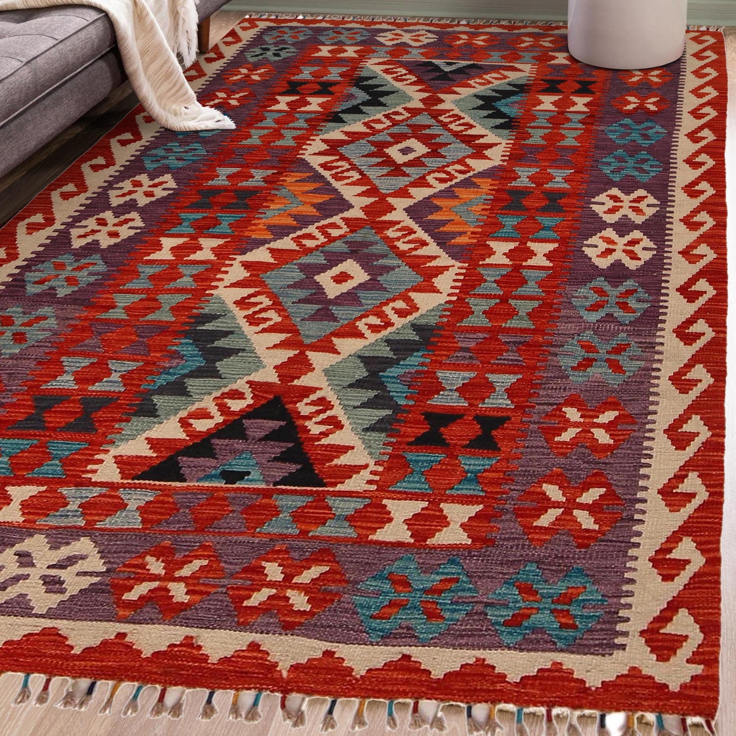 Hand Knotted Afghan Style Kilim 4' 0" x 6' 1" ft / 123 x 186 cm - No. P34900