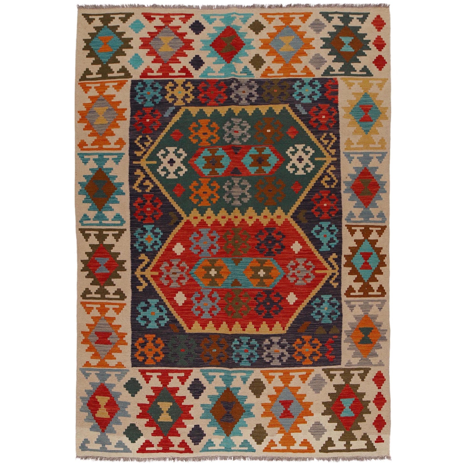 Hand Knotted Afghan Style Kilim 5' 10" x 8' 3" ft / 177 x 252 cm - No. P34961
