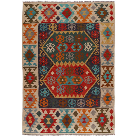 Hand Knotted Afghan Style Kilim 5' 10" x 8' 3" ft / 177 x 252 cm - No. P34961