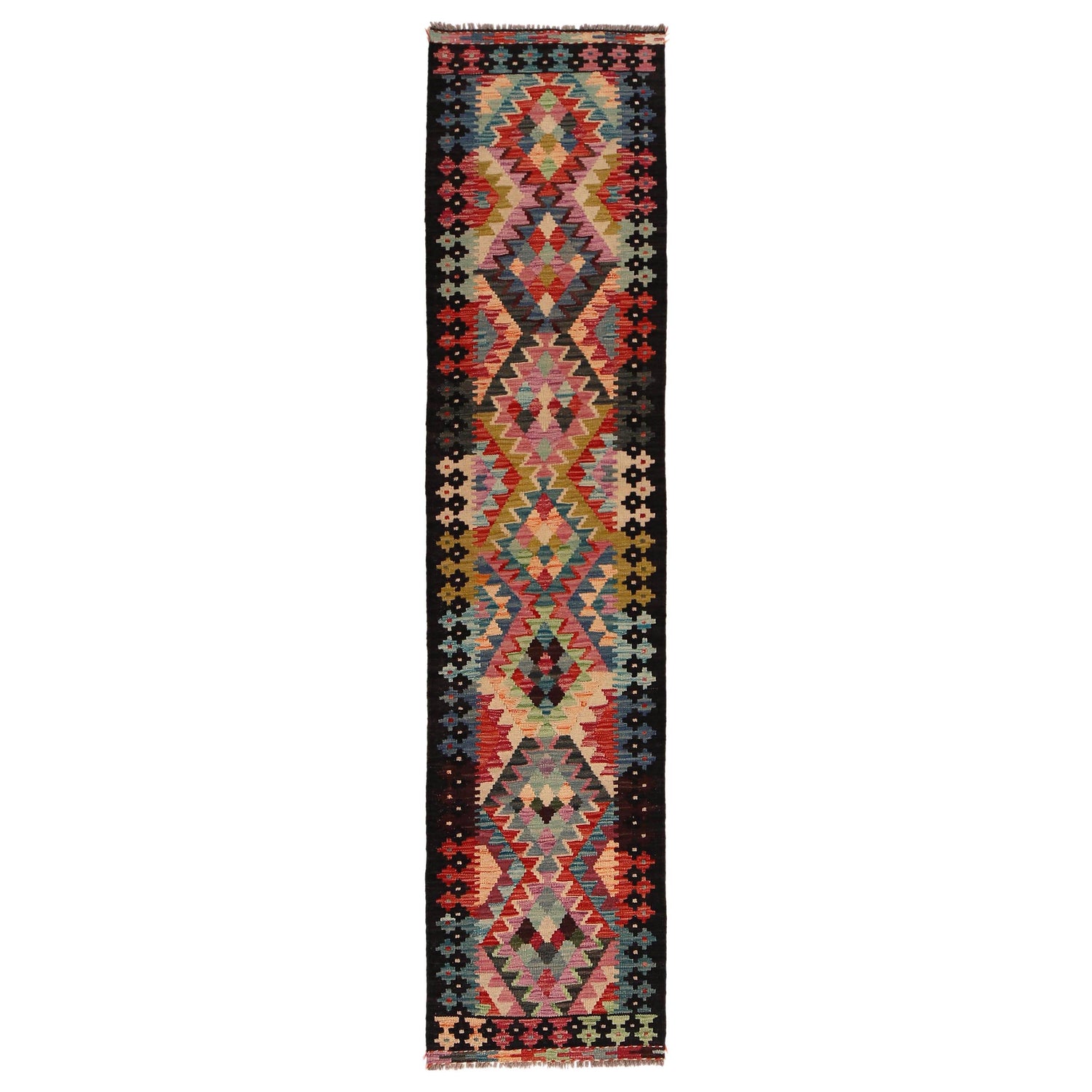 Hand Knotted Afghan Style Kilim Runner 1' 9" x 8' 0" ft / 53 x244 cm - No. P34971