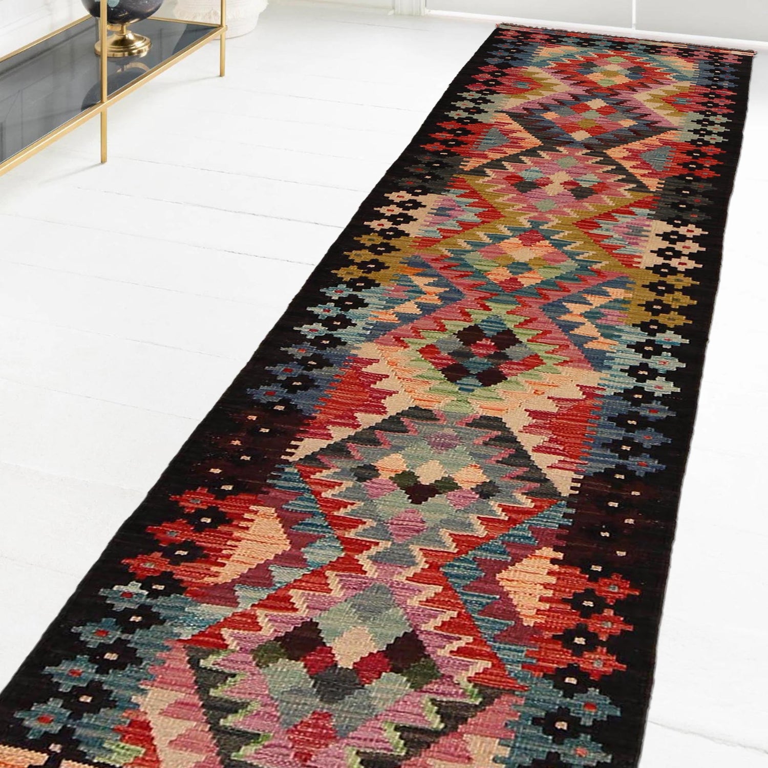 Hand Knotted Afghan Style Kilim Runner 1' 9" x 8' 0" ft / 53 x244 cm - No. P34971