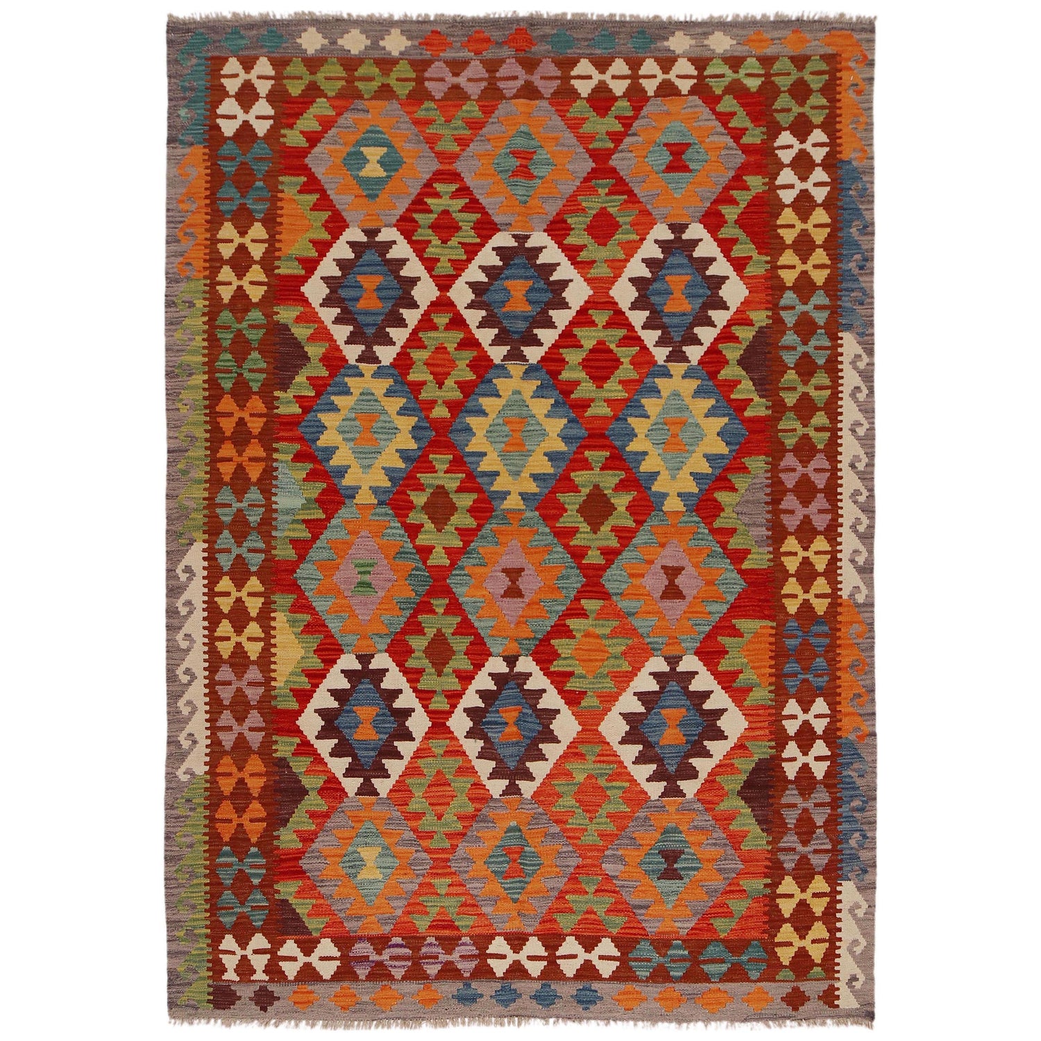 Handmade Turkish Design Wool Kilim 5' 6" x 8' 0" ft / 168 x 245 cm - No. P34982