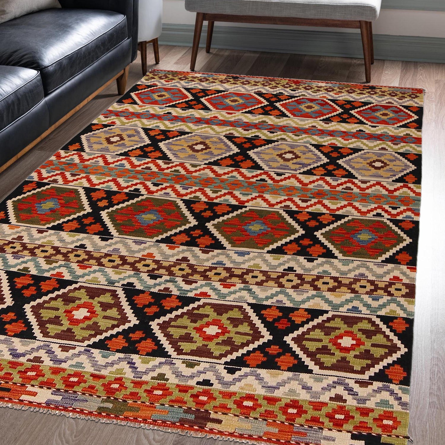 Hand Made Afghan Kilim 4' 10" x 7' 6" ft / 148 x 228 cm - No. P34988