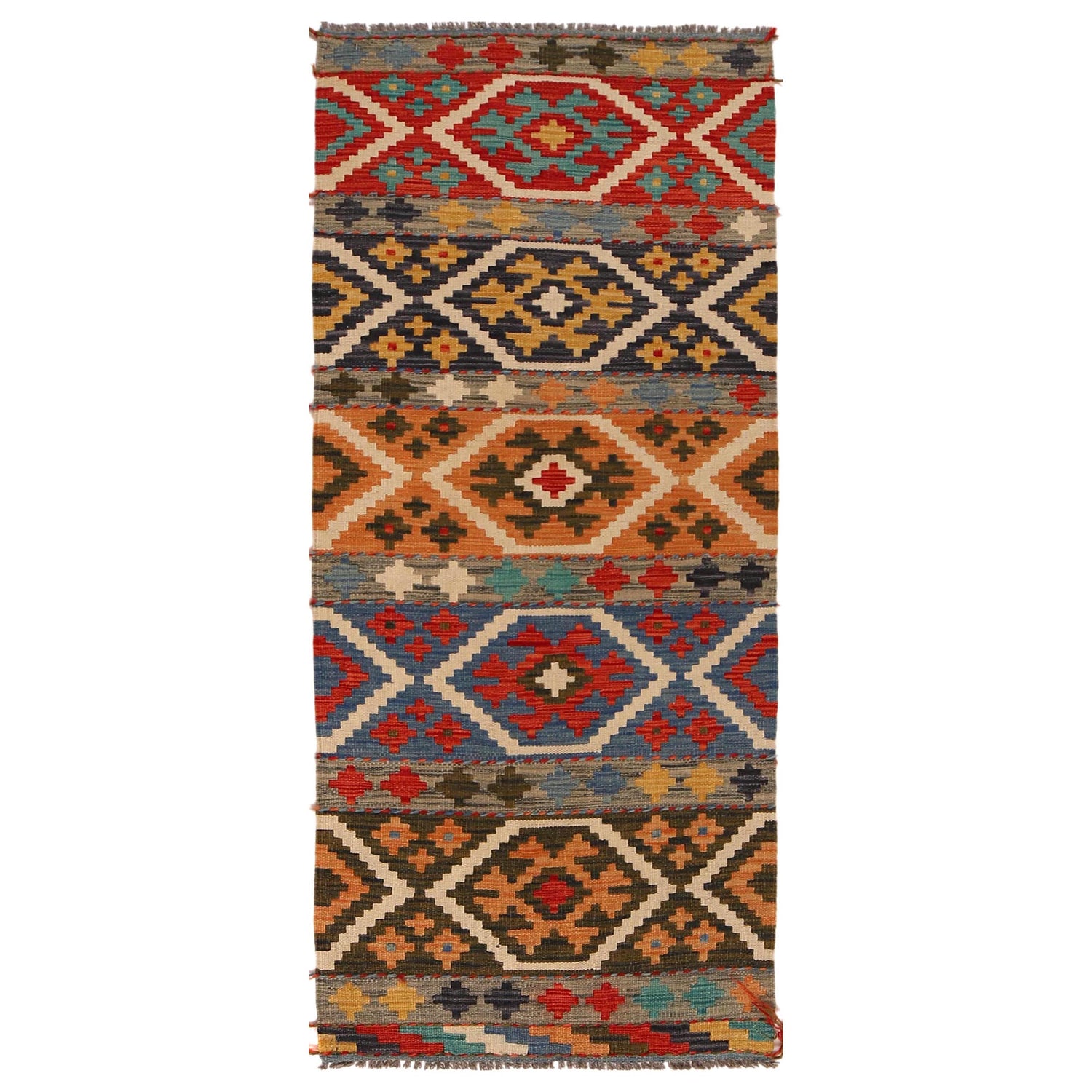 Colorful Flat-Weave Wool Kilim Runner 2' 3"x 6' 5" ft / 69 x 196 cm - No. P34992