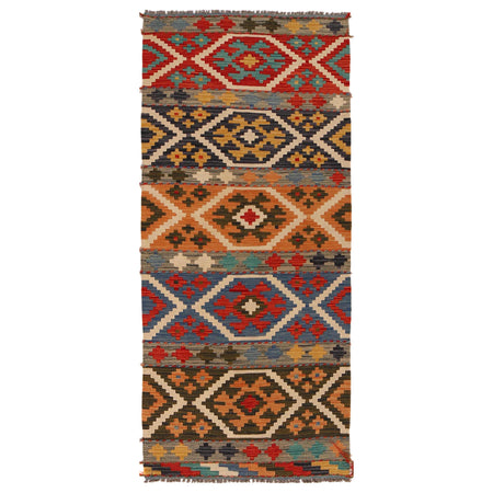 Colorful Flat-Weave Wool Kilim Runner 2' 3"x 6' 5" ft / 69 x 196 cm - No. P34992