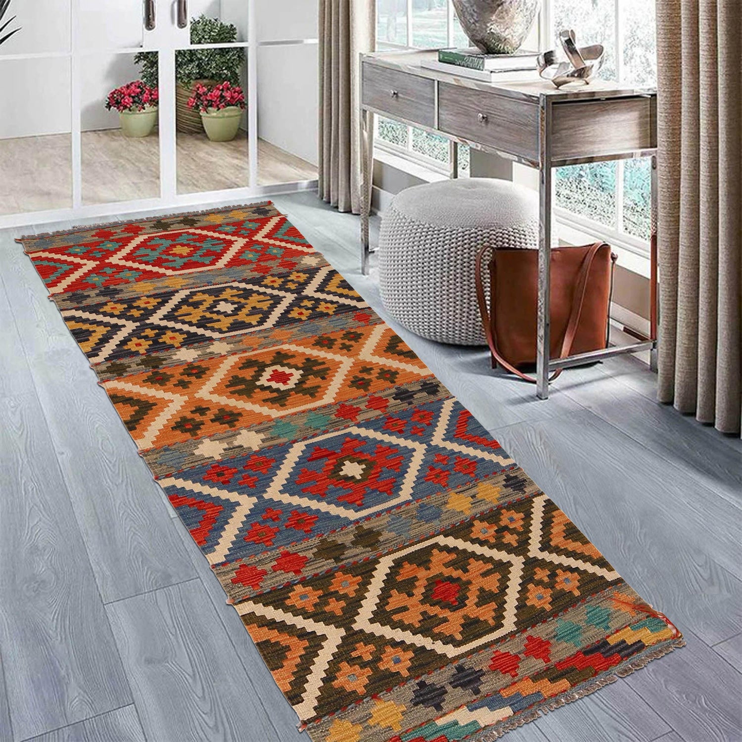Colorful Flat-Weave Wool Kilim Runner 2' 3"x 6' 5" ft / 69 x 196 cm - No. P34992