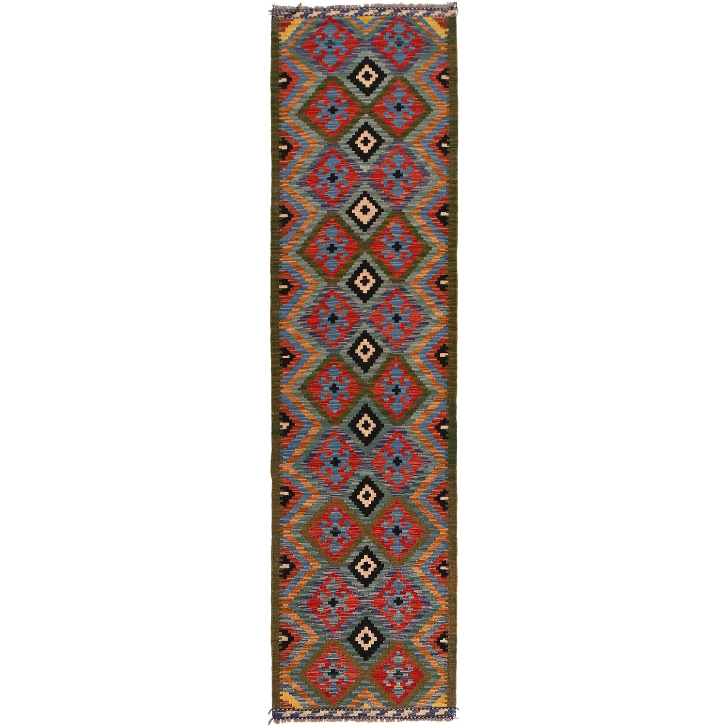 Hand Woven Wool Kelim Runner 2' 0" x 9' 7" ft / 61 x 292 cm - No. P34998