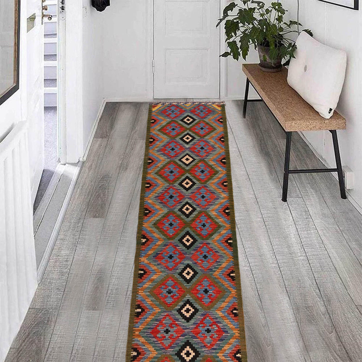 Hand Woven Wool Kelim Runner 2' 0" x 9' 7" ft / 61 x 292 cm - No. P34998