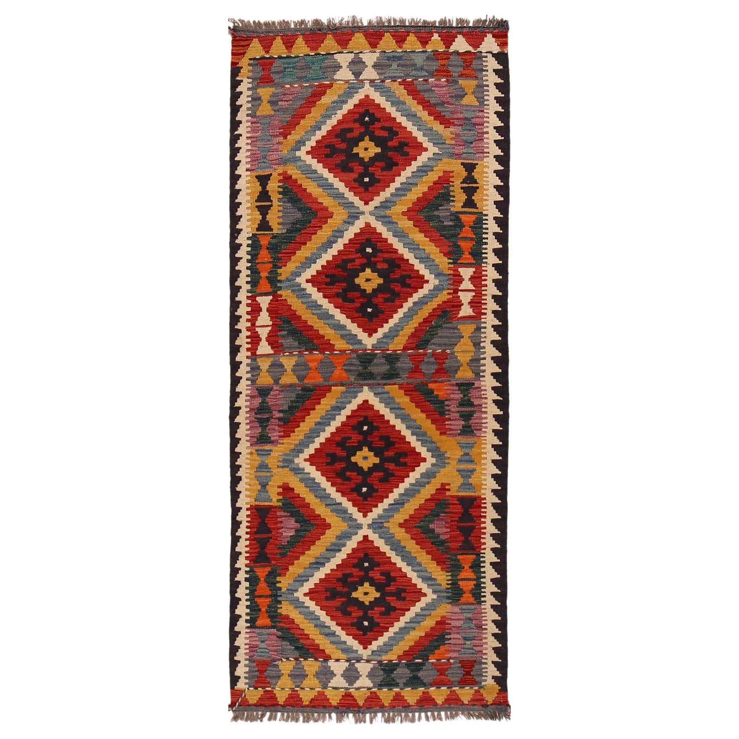 Hand Knotted Afghan Style Kilim Runner 2' 6"x 6' 6" ft / 76 x 197 cm - No. P35013