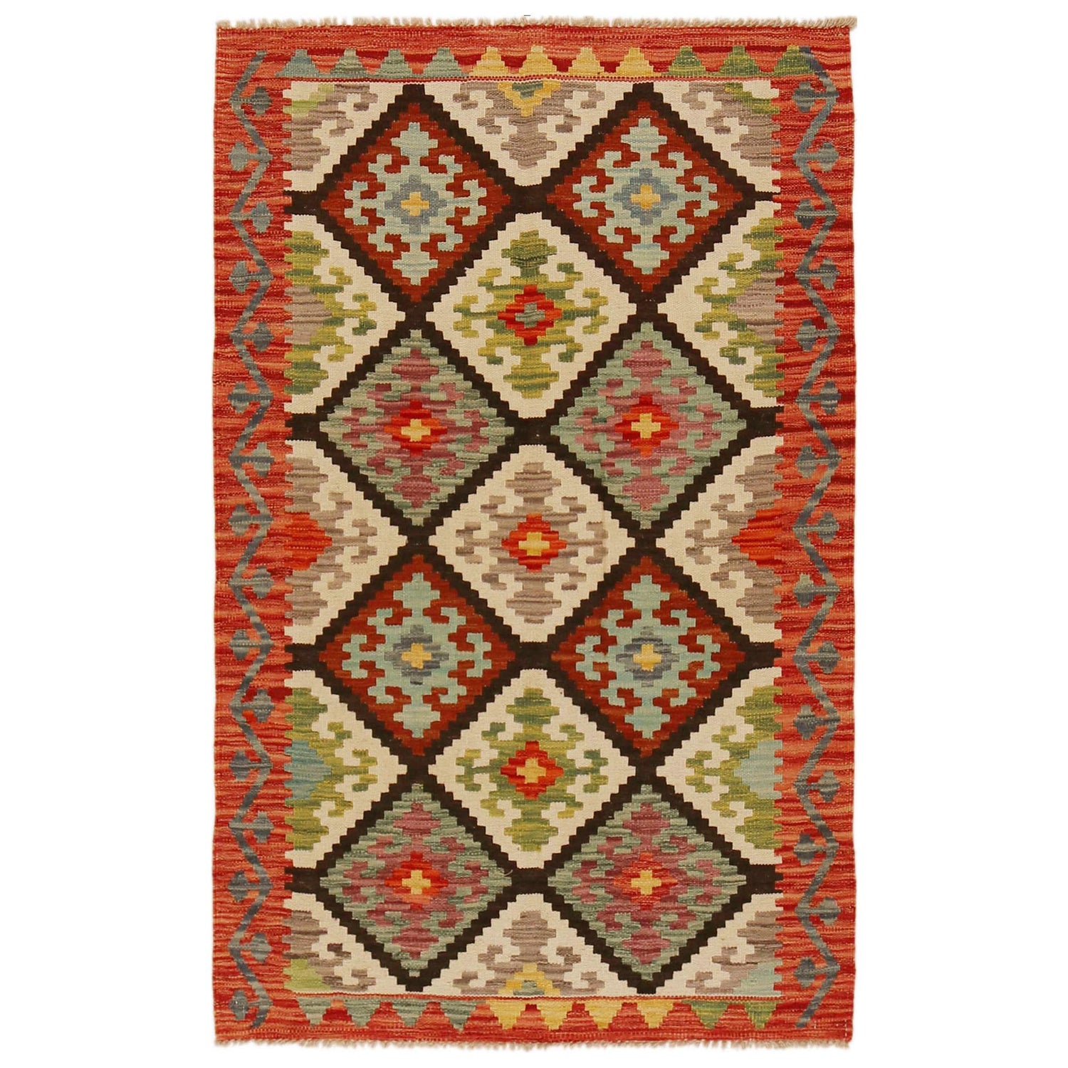 Handmade Afghan Vegetable Kilim 3' 2" x 5' 1" ft / 97 x 156 cm - No. P35015