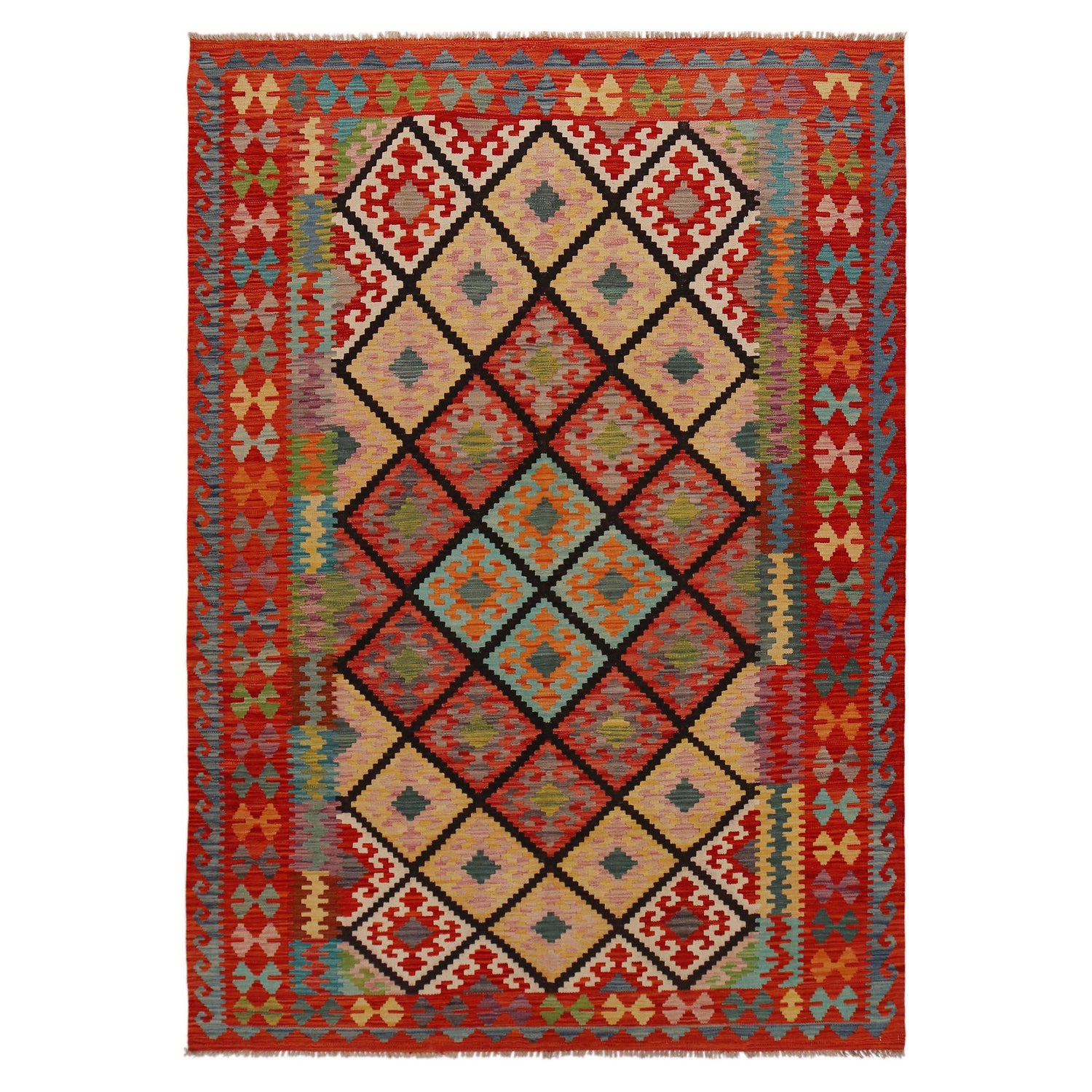 Hand Made Afghan Kilim 5' 10" x 8' 6" ft / 178 x 258 cm - No. P35041