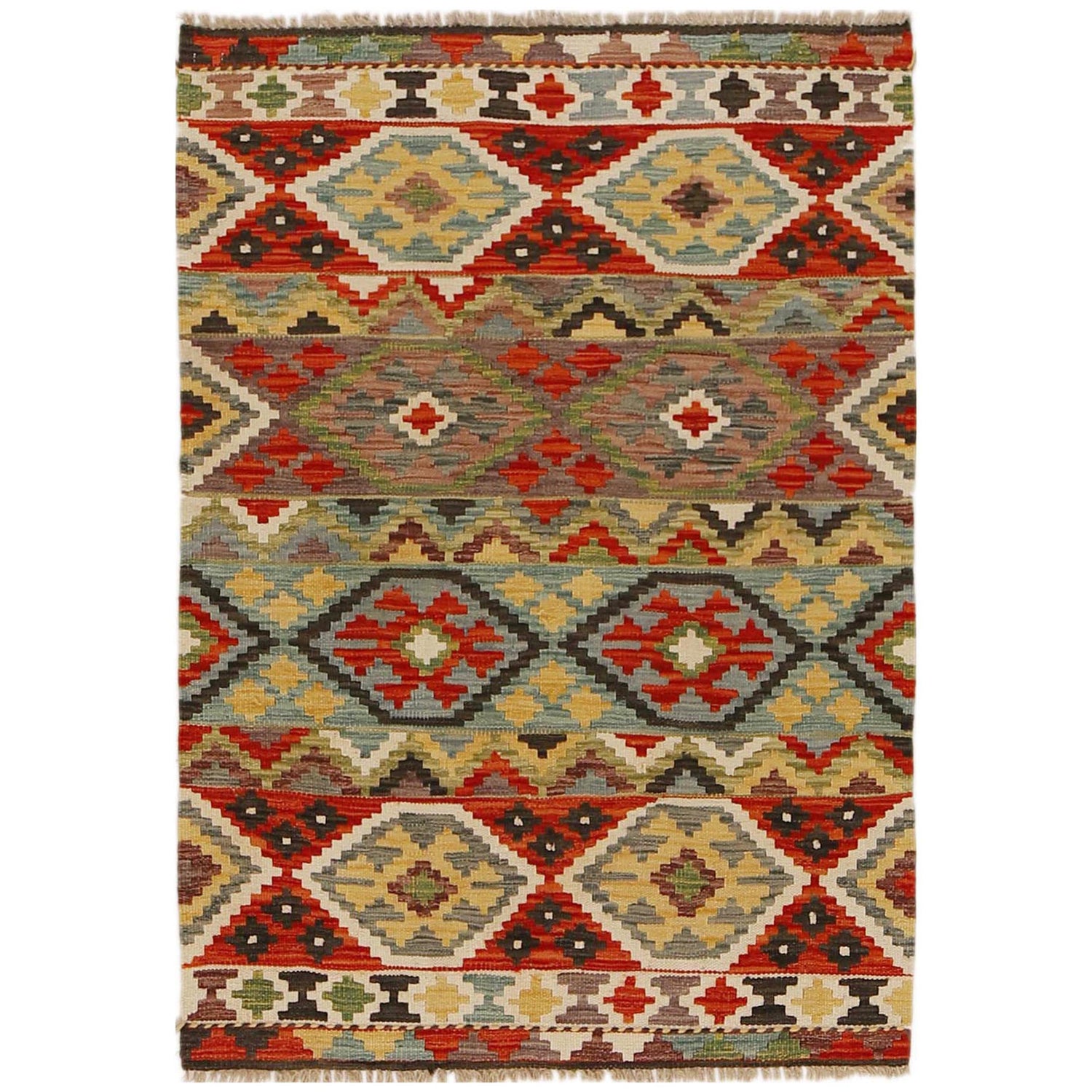 Colorful Flat-Weave Wool Kilim 3' 4" x 4' 9" ft / 101 x 145 cm - No. P35042