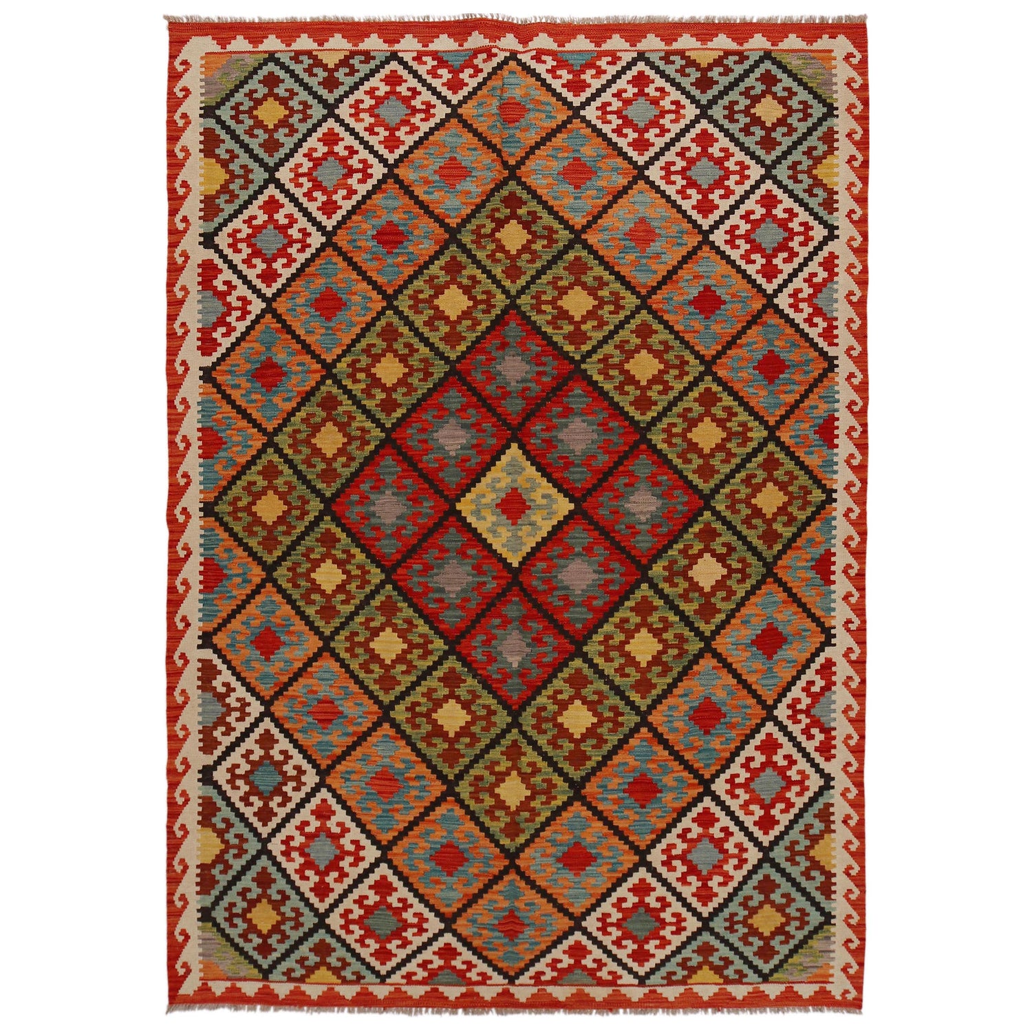 Colorful Flat-Weave Wool Kilim 5' 11" x 8' 8" ft / 180 x 263 cm - No. P35045