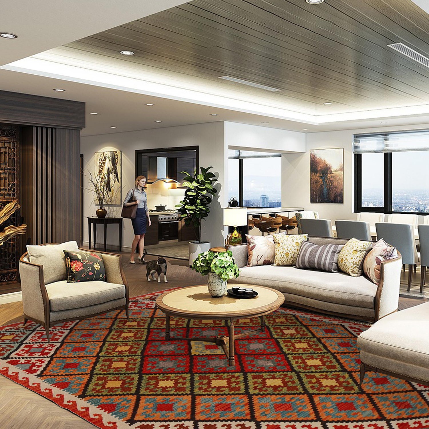 Colorful Flat-Weave Wool Kilim 5' 11" x 8' 8" ft / 180 x 263 cm - No. P35045