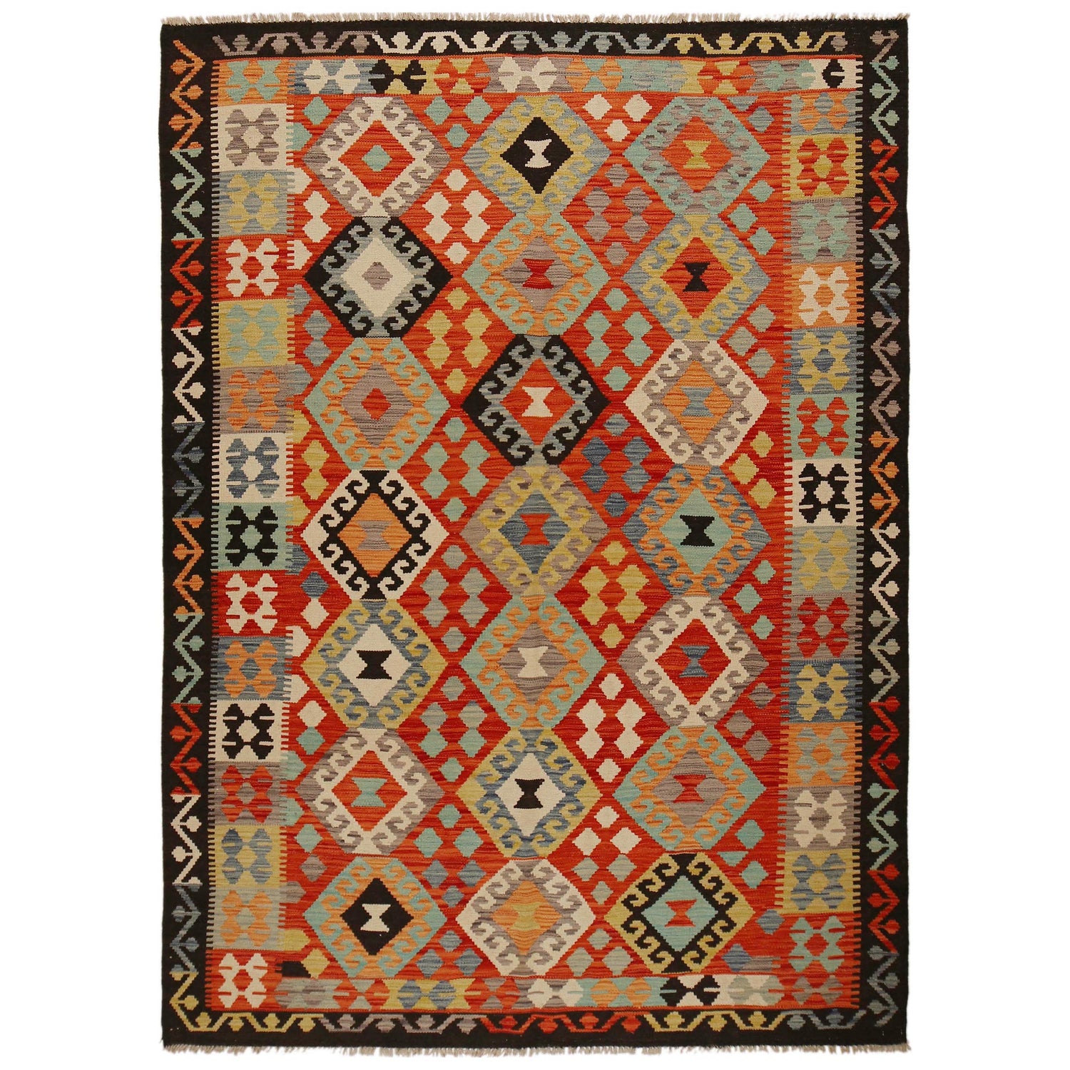 Colorful Flat-Weave Wool Kilim 5' 10" x 8' 2" ft / 177 x 250 cm - No. P35046