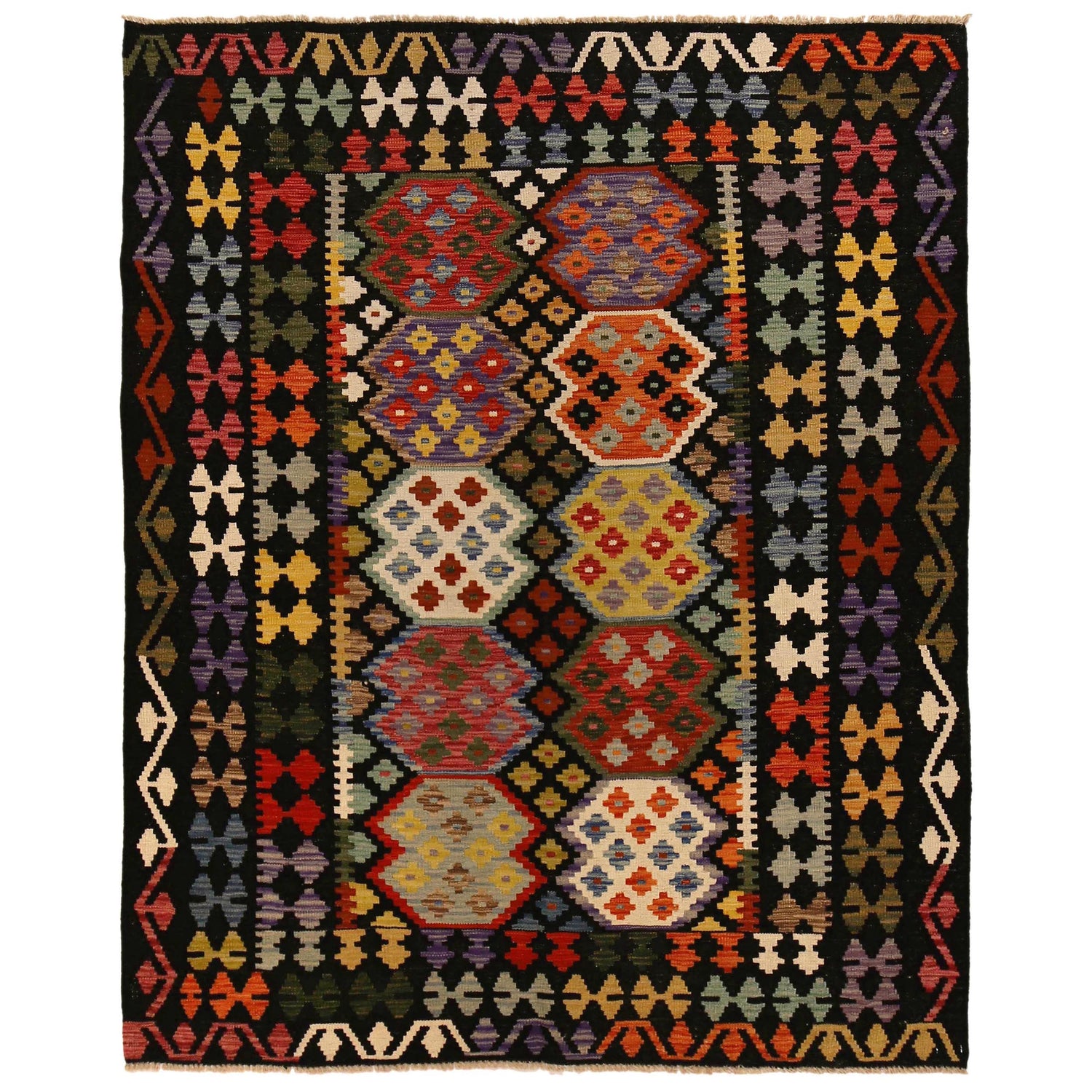 Colorful Flat-Weave Wool Kilim 5' 2" x 6' 7" ft / 157 x 200 cm - No. P35049
