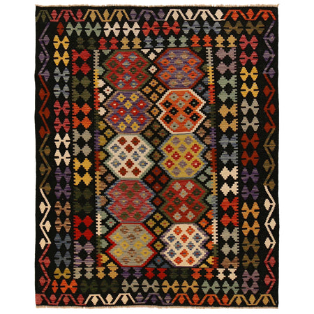Colorful Flat-Weave Wool Kilim 5' 2" x 6' 7" ft / 157 x 200 cm - No. P35049