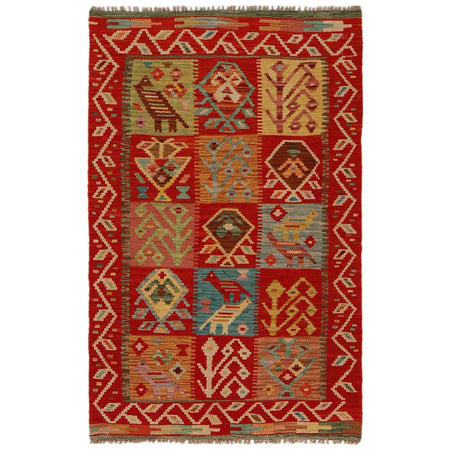 Colorful Flat-Weave Wool Kilim 3' 0" x 4' 10" ft / 91 x 147 cm - No. P35052
