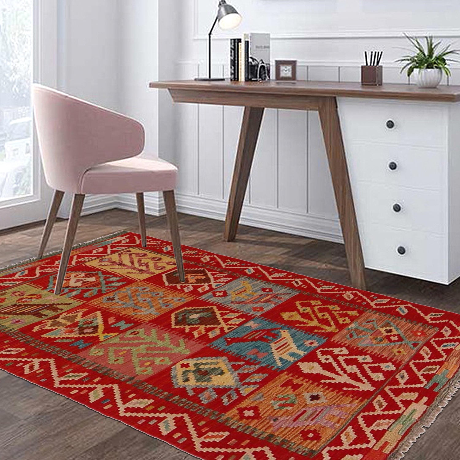 Colorful Flat-Weave Wool Kilim 3' 0" x 4' 10" ft / 91 x 147 cm - No. P35052