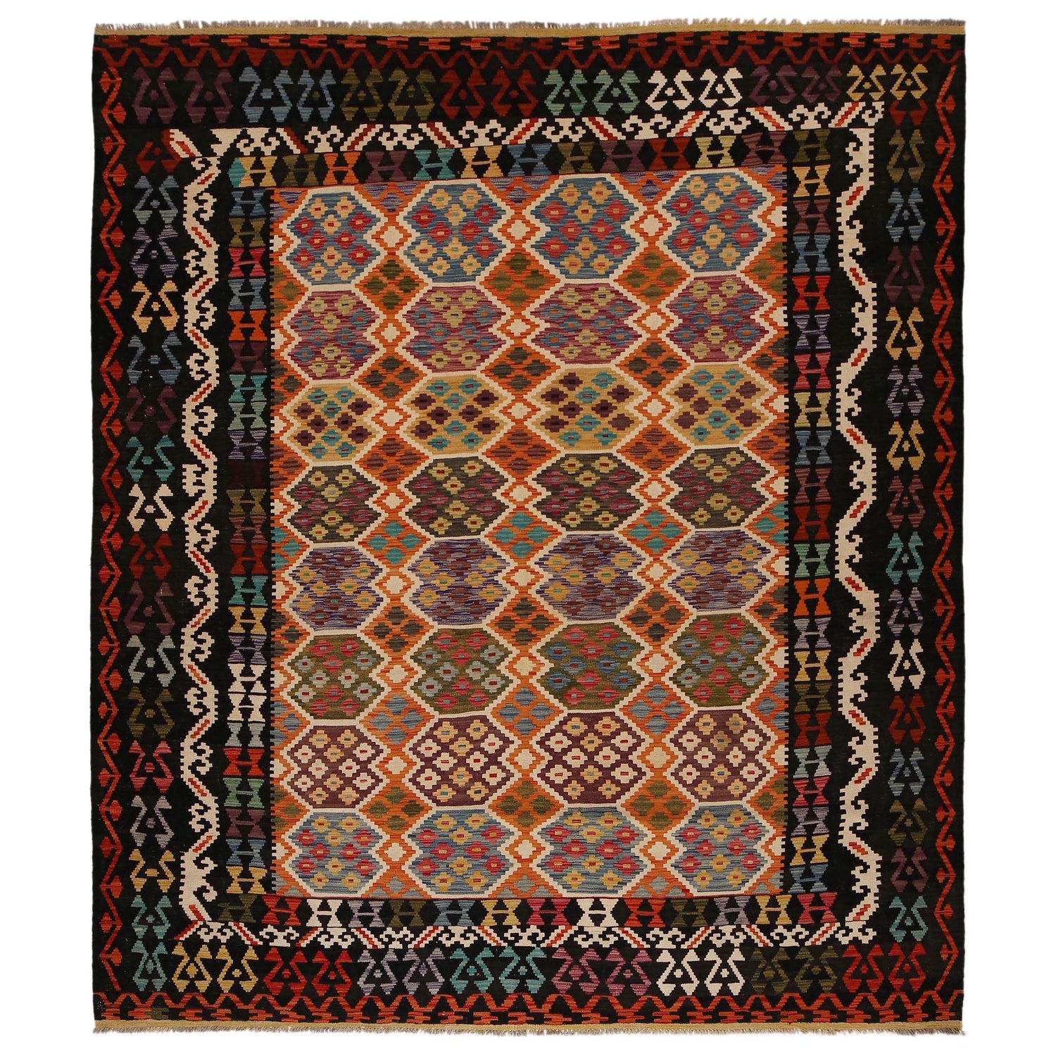 Colorful Flat-Weave Wool Kilim 8' 4" x 9' 9" ft / 255 x 298 cm - No. P35057