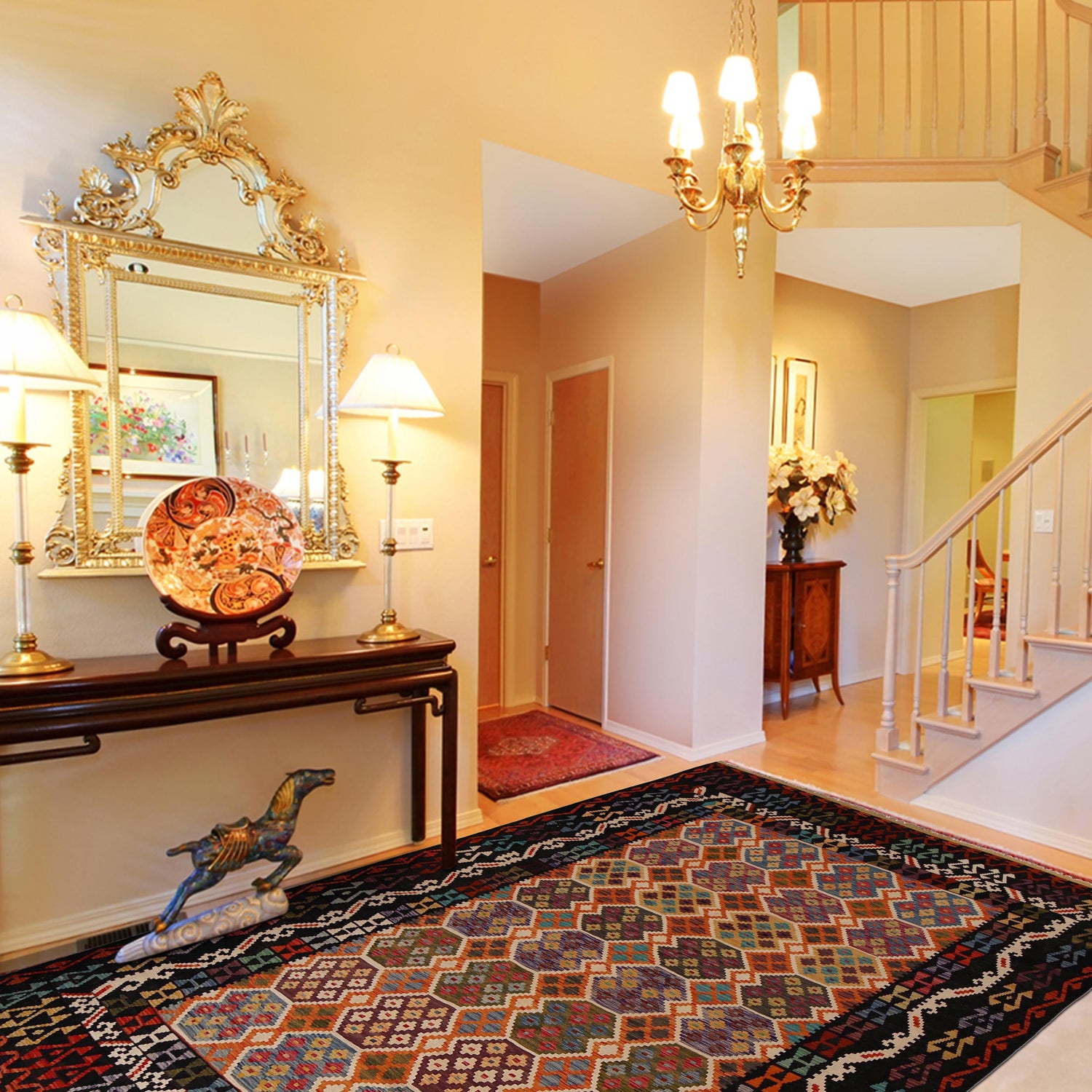 Colorful Flat-Weave Wool Kilim 8' 4" x 9' 9" ft / 255 x 298 cm - No. P35057