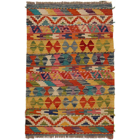 Multi Color ful Flat-Weave Wool Kilim 1' 11" x 2' 11" ft / 59 x 90 cm - No. P35075