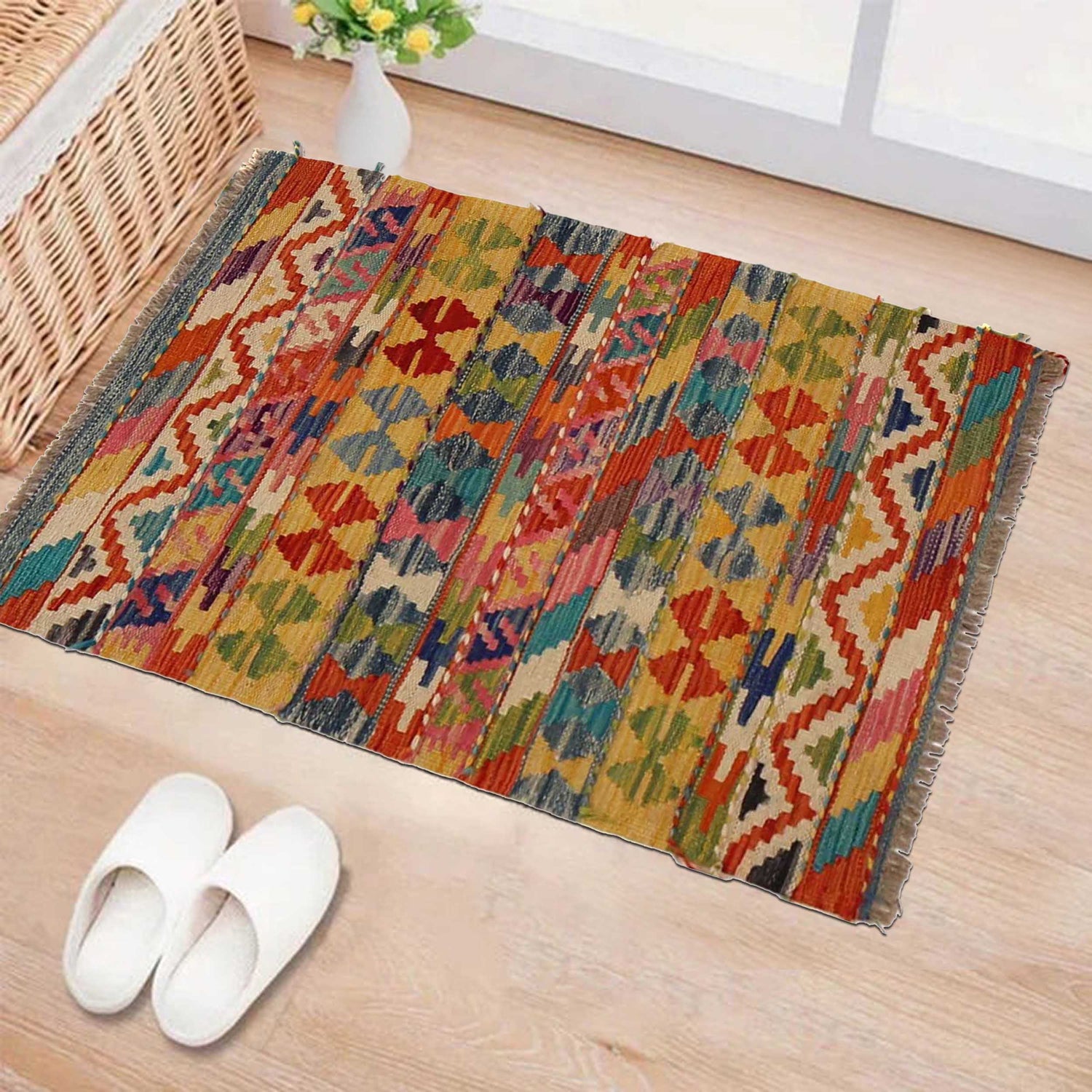 Multi Color ful Flat-Weave Wool Kilim 1' 11" x 2' 11" ft / 59 x 90 cm - No. P35075