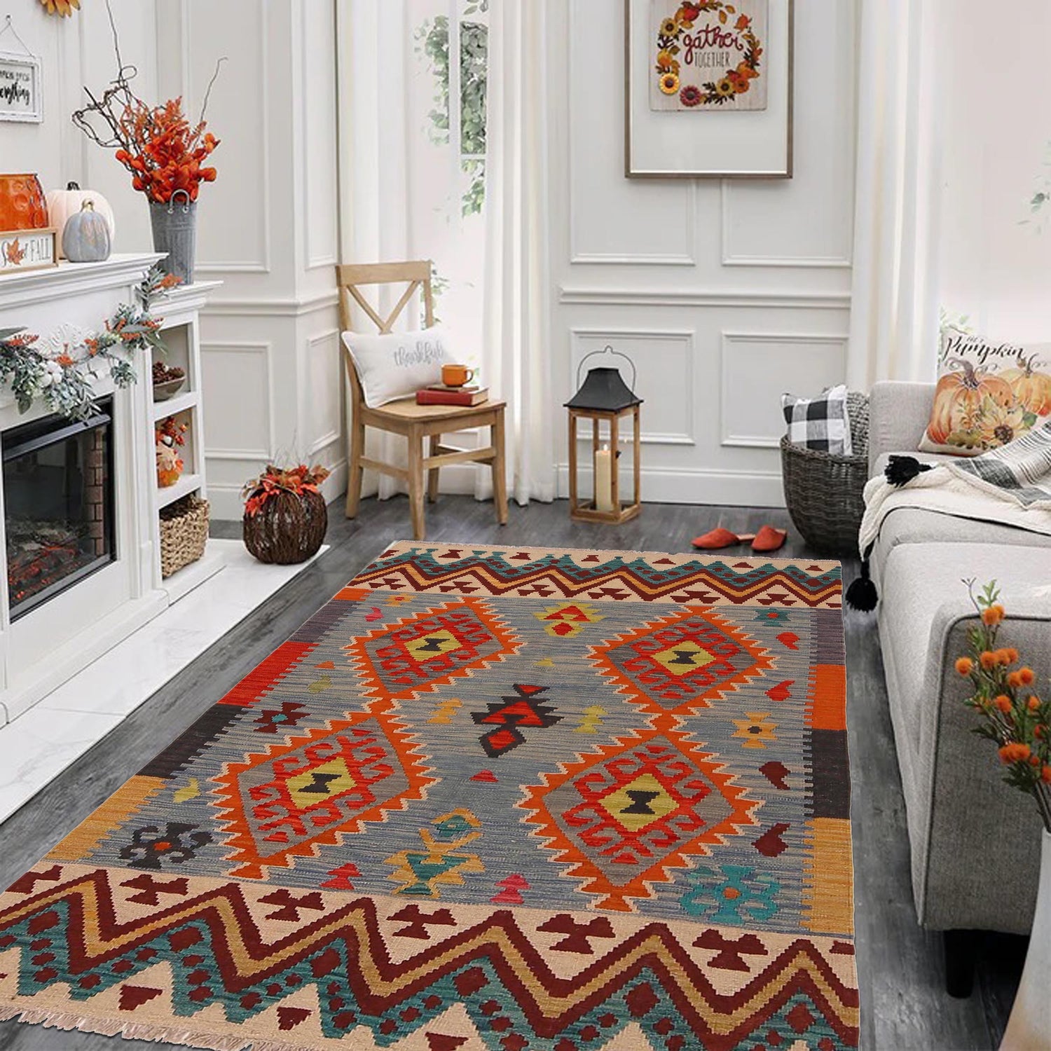 Handmade Turkish Design Wool Kilim 4' 3" x 5' 7" ft / 129 x 170 cm - No. P35079