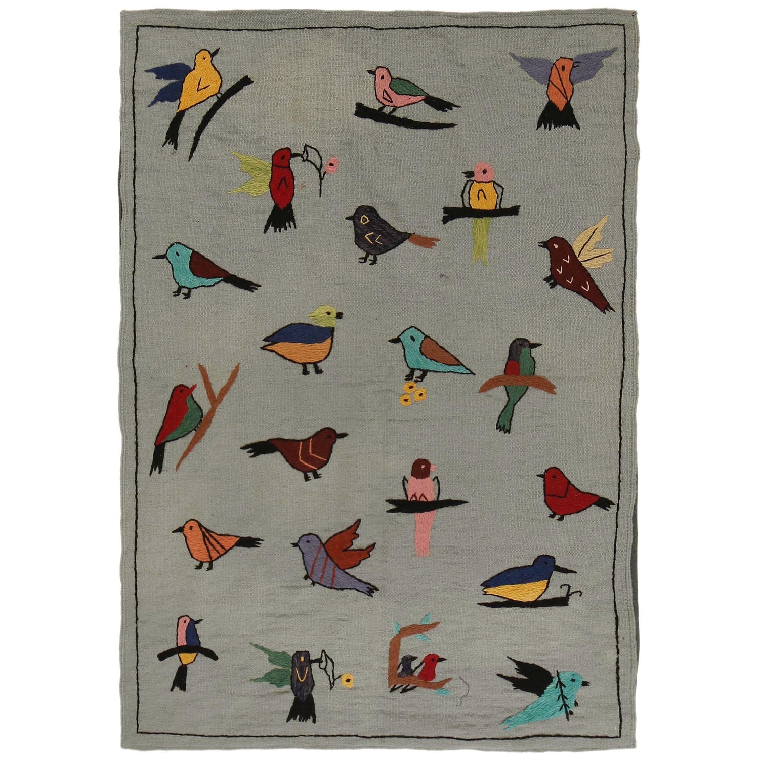 Gray Color Embroidery Flat Weave Kilim 3' 11" x 5' 9" ft / 119 x 175 cm - No. P35166