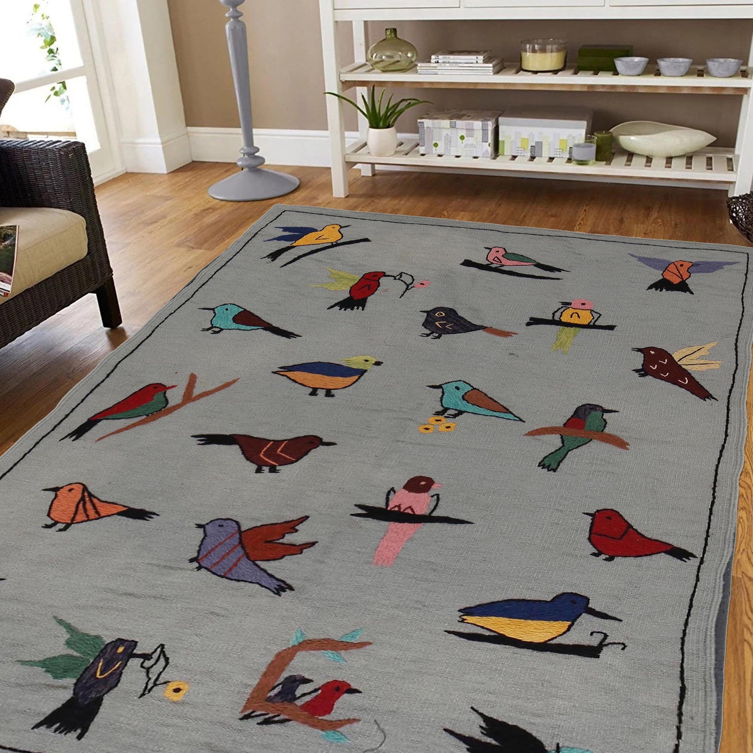 Gray Color Embroidery Flat Weave Kilim 3' 11" x 5' 9" ft / 119 x 175 cm - No. P35166