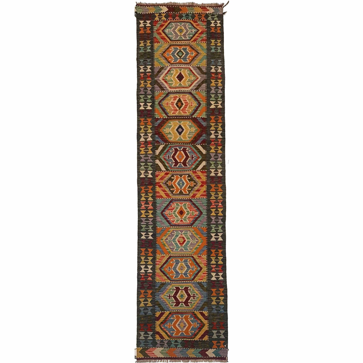 Hand Knotted Afghan Style Kilim Runner 2' 6" x 10' 0" ft / 75 x 306 cm - No. P35228