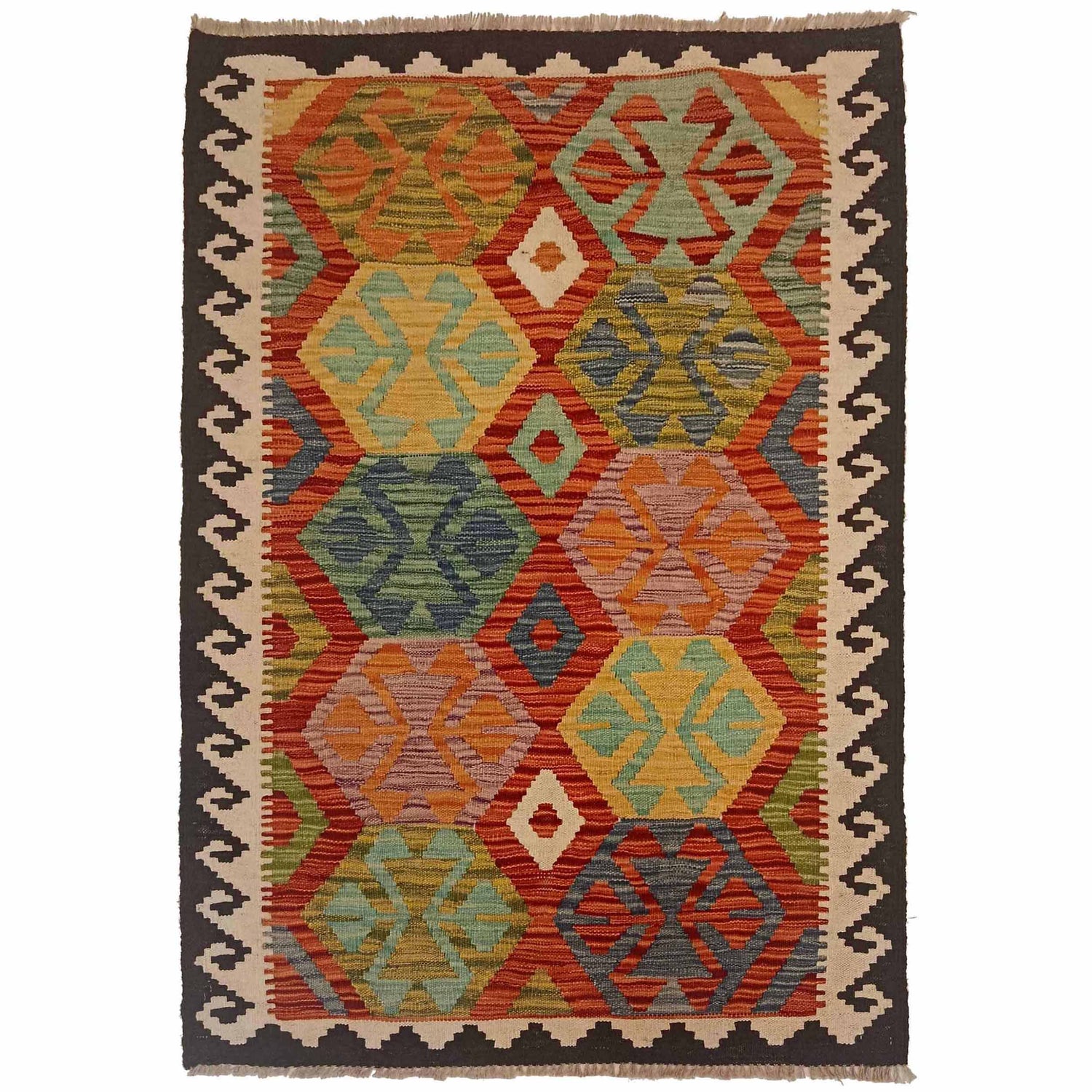 Multi Color ful Flat-Weave Wool Kilim 3' 5" x 5' 1" ft / 103 x 155 cm - No. P35328