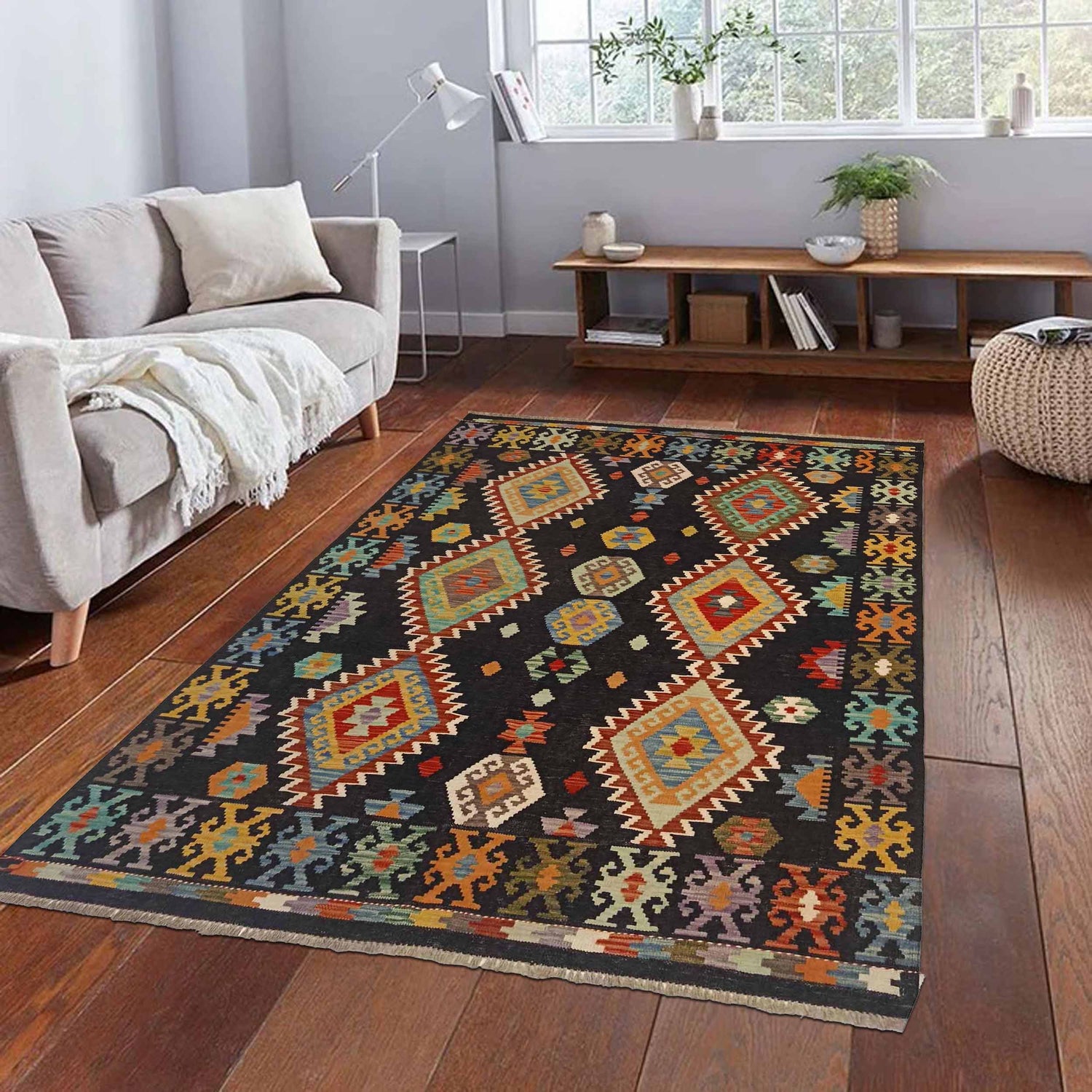 Hand Knotted Afghan Style Kilim 5' 0" x 6' 7" ft / 153 x 200 cm - No. P35334