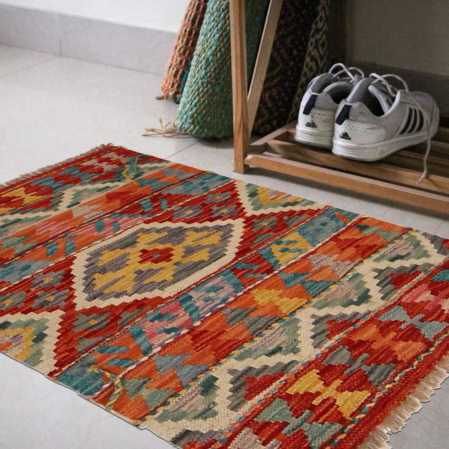 Handmade Turkish Design Wool Kilim 1' 10" x 2' 8" ft / 57 x 82 cm - No. P35358