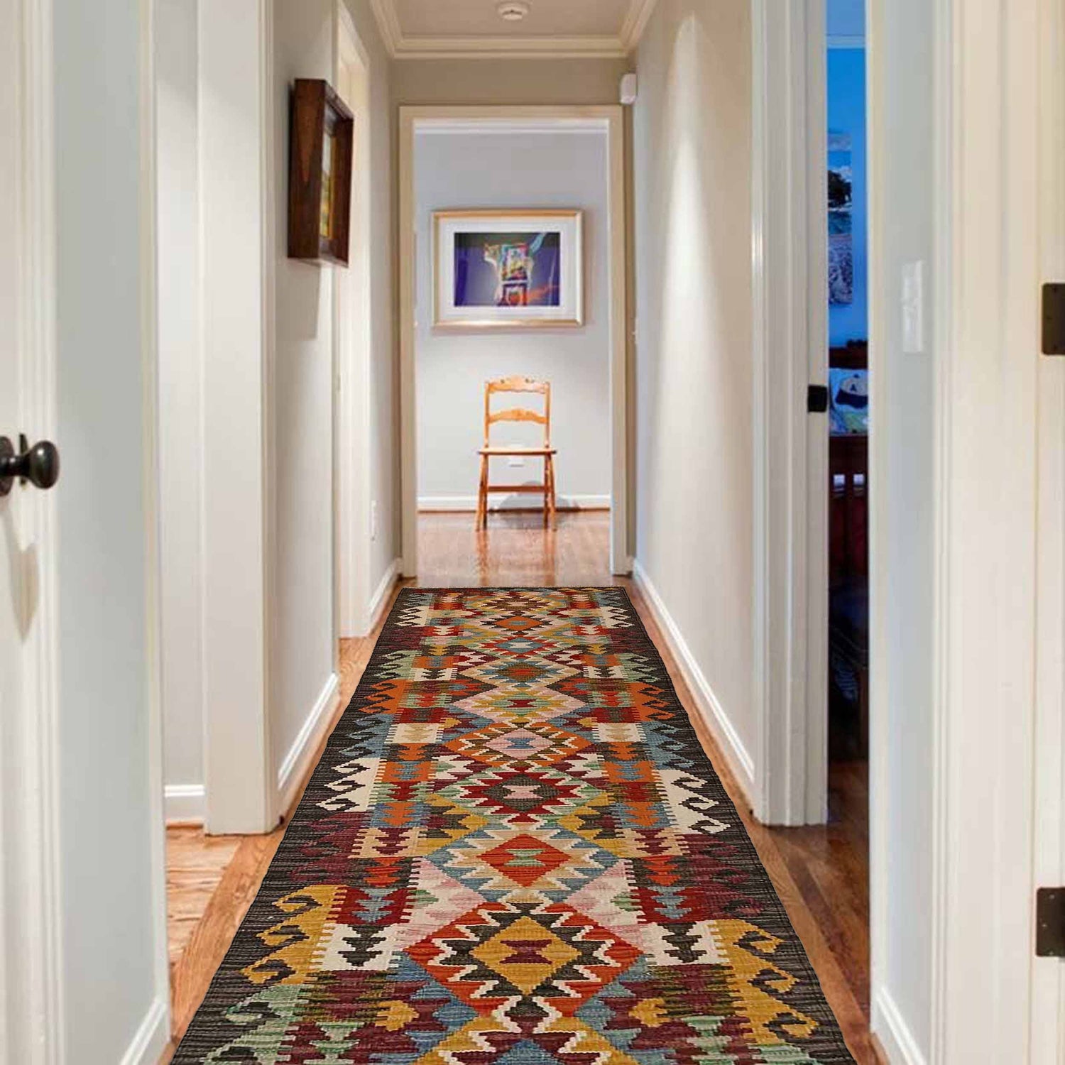 Hand Woven Wool Kelim Runner 1' 10" x 9' 5" ft / 55 x 288 cm - No. P35360