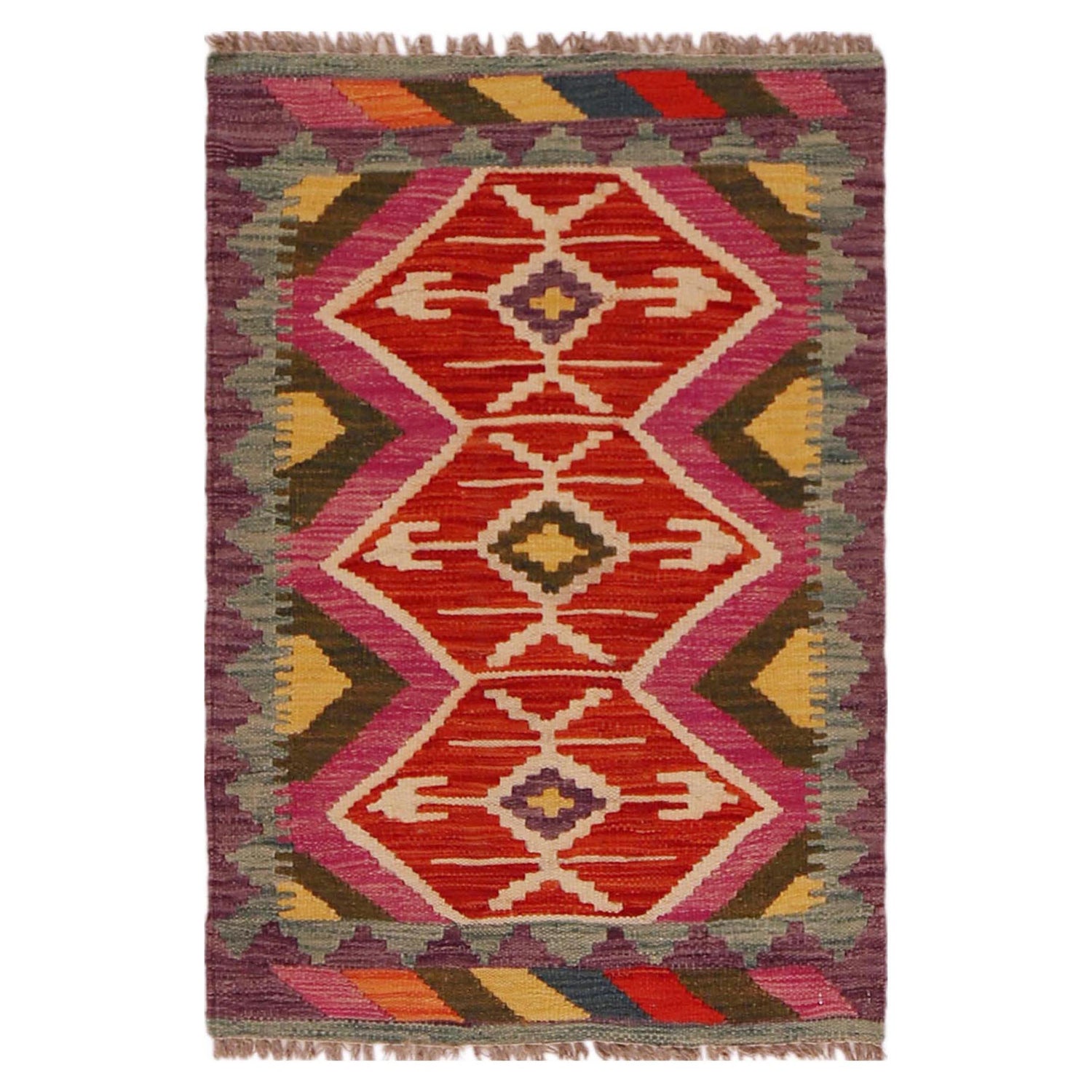 Handmade Afghan Vegetable Kilim 2' 1" x 3' 1" ft / 63 x 95 cm - No. P35672