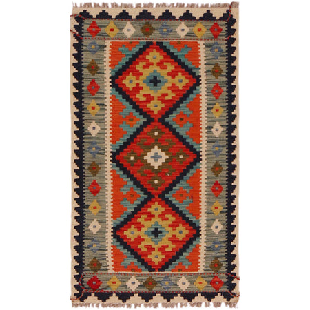Multi Color ful Flat-Weave Wool Kilim 2' 1" x 3' 8" ft / 63 x 111 cm - No. P35674