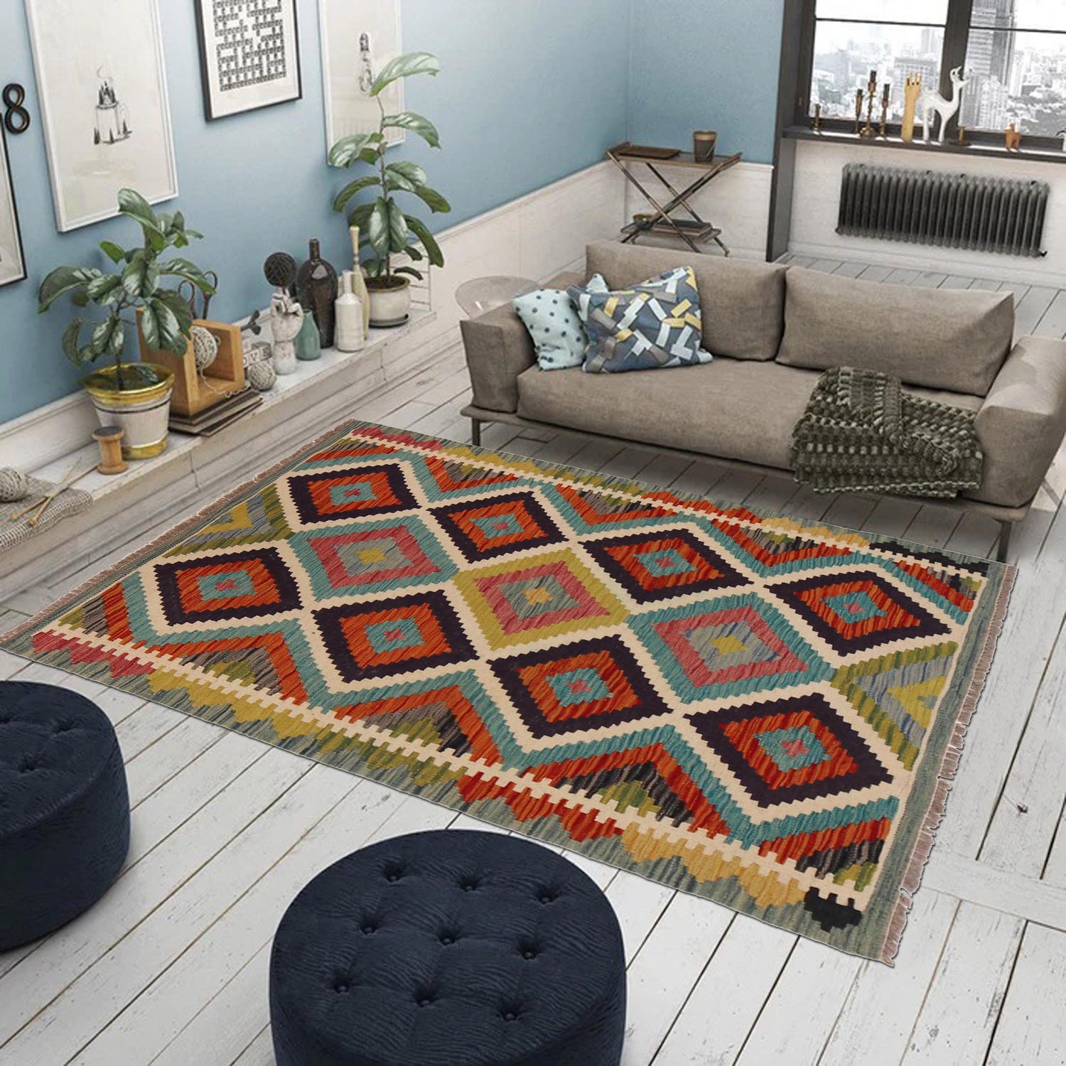 Hand Made Afghan Kilim 3' 3" x 4' 9" ft / 98 x 146 cm - No. P35691