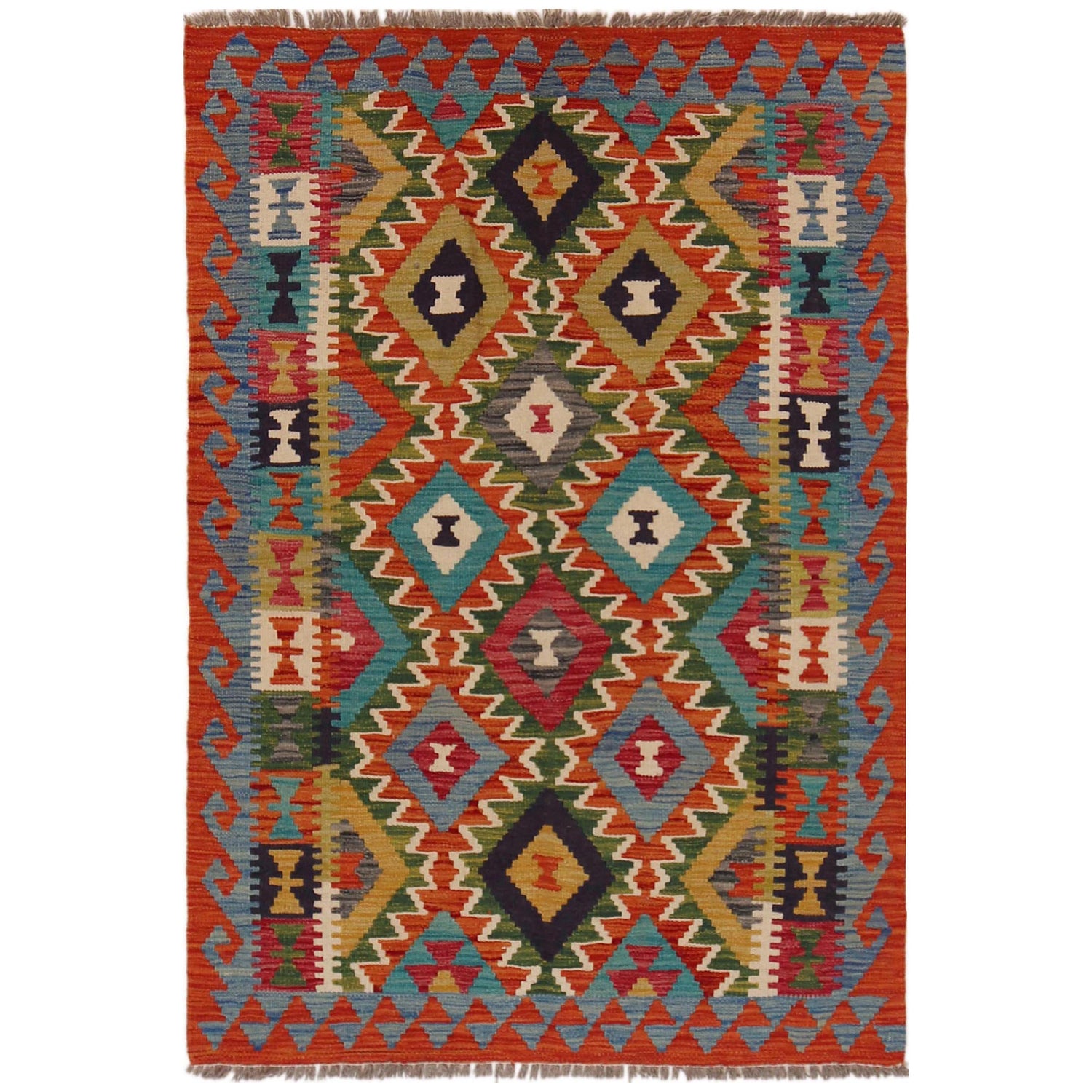 Multi Color ful Flat-Weave Wool Kilim 3' 3" x 4' 9" ft / 100 x 145 cm - No. P35692