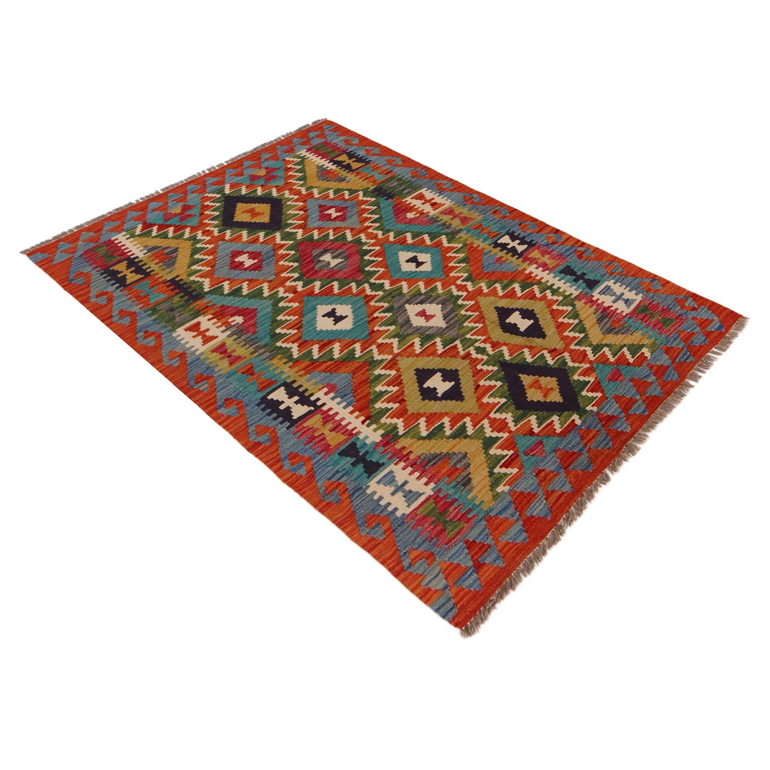 Multi Color ful Flat-Weave Wool Kilim 3' 3" x 4' 9" ft / 100 x 145 cm - No. P35692