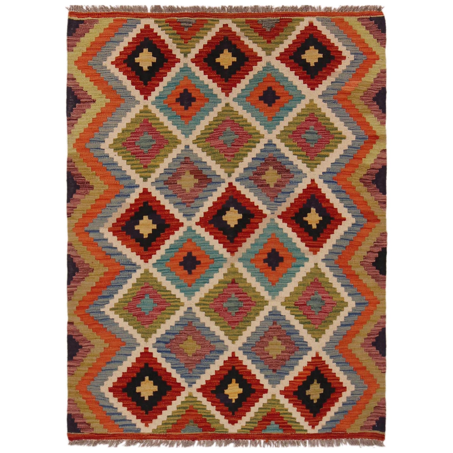 Hand Knotted Afghan Style Kilim 3' 5" x 4' 8" ft / 104 x 141 cm - No. P35695