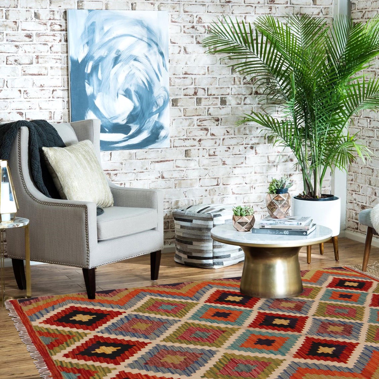 Hand Knotted Afghan Style Kilim 3' 5" x 4' 8" ft / 104 x 141 cm - No. P35695