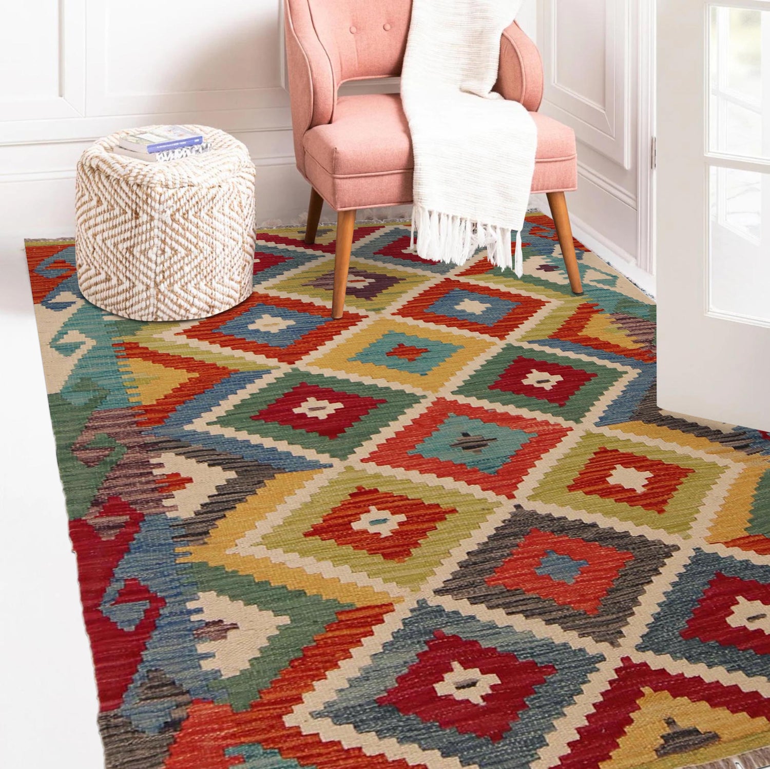 Hand Knotted Flatweave Kilim 3' 4" x 4' 11" ft / 101 x 149 cm - No. P35699