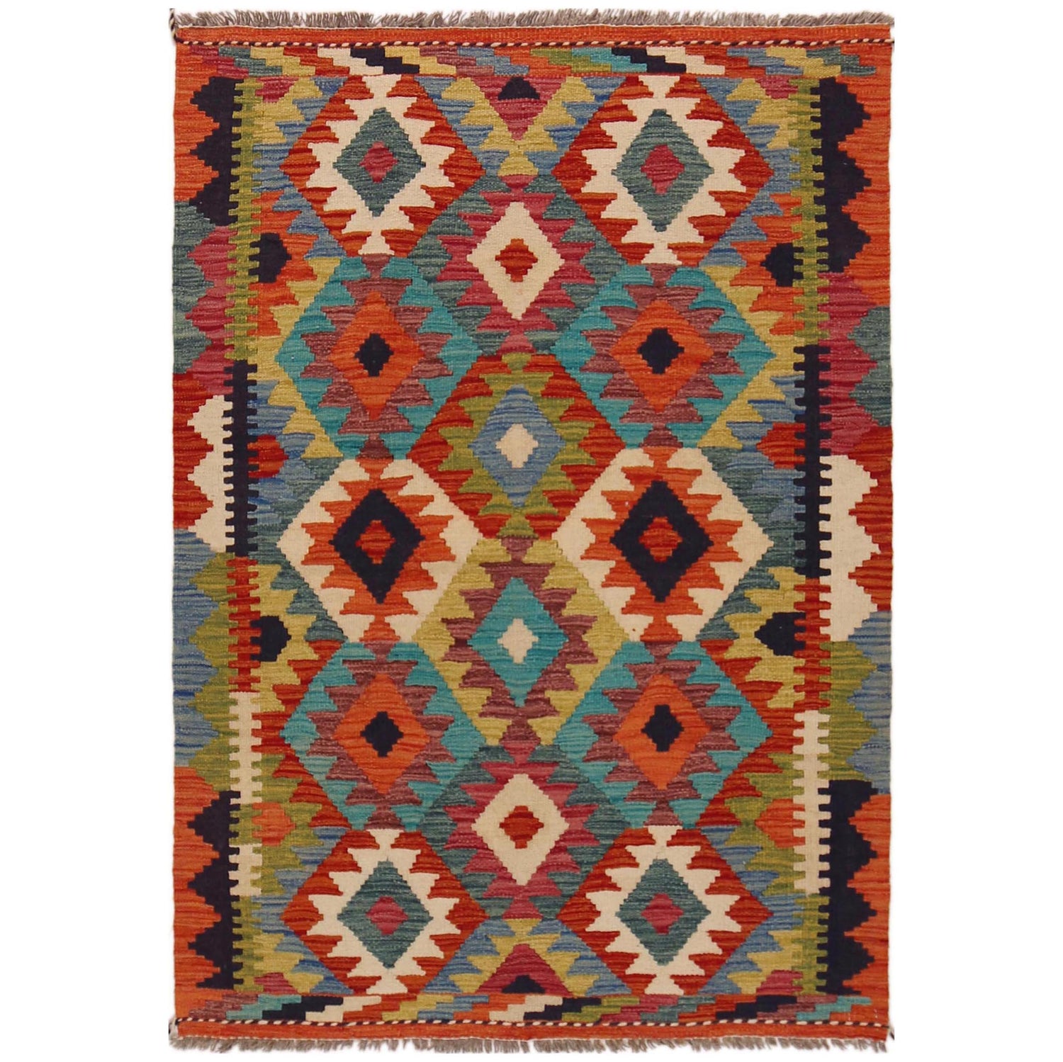 Multi Color ful Flat-Weave Wool Kilim 3' 3" x 4' 9" ft / 100 x 146 cm - No. P35702