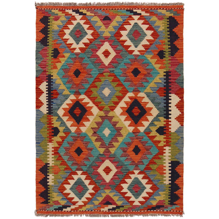 Multi Color ful Flat-Weave Wool Kilim 3' 3" x 4' 9" ft / 100 x 146 cm - No. P35702