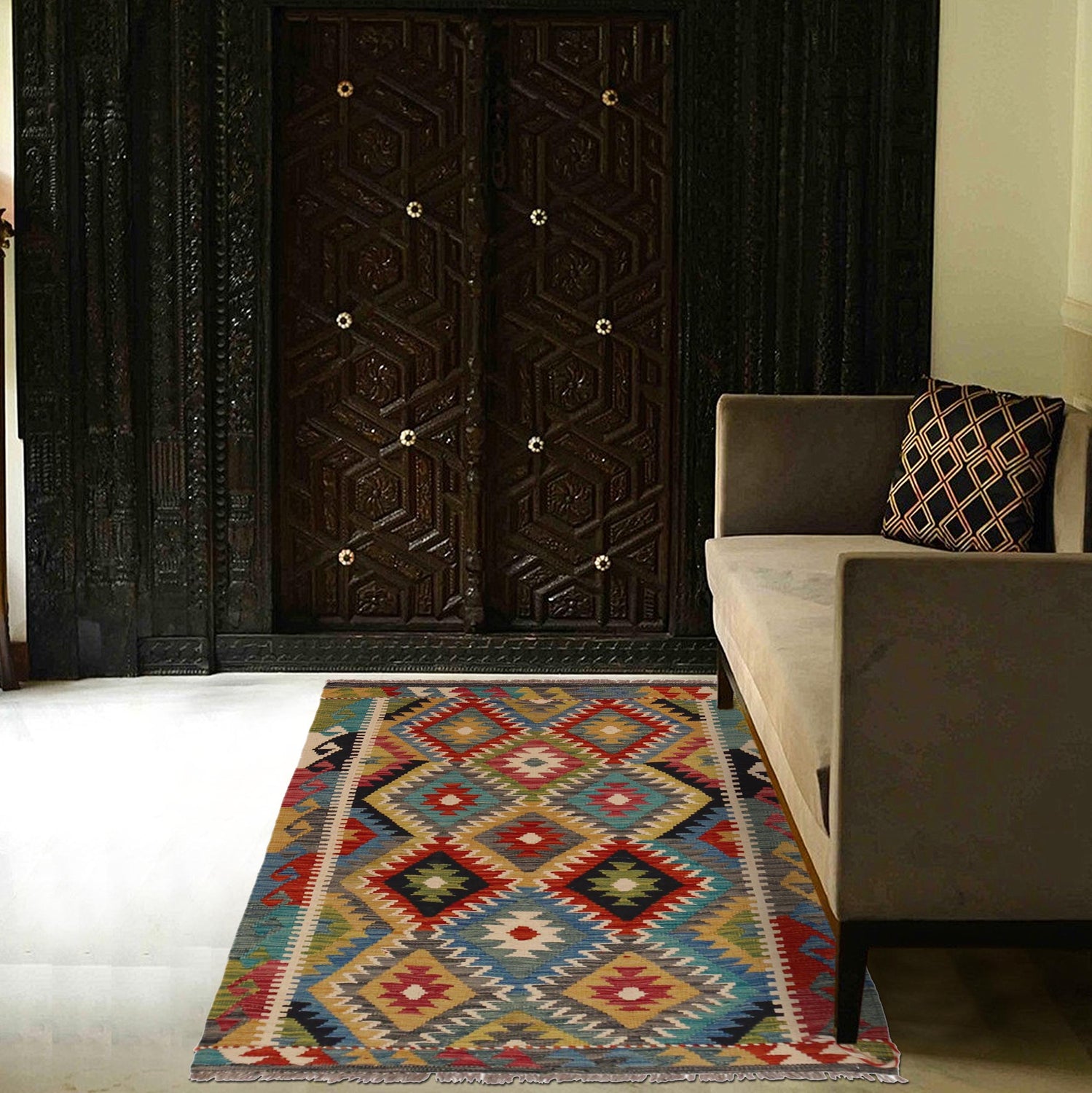 Hand Knotted Afghan Style Kilim 3' 4" x 4' 11" ft / 101 x 149 cm - No. P35706