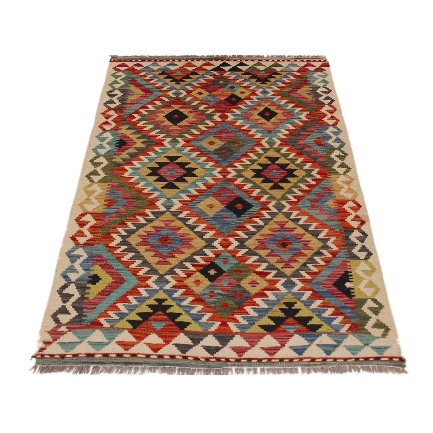 Handmade Turkish Design Wool Kilim 3' 3" x 4' 11" ft / 98 x 149 cm - No. P35708