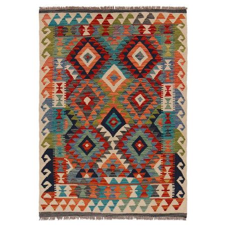 Multi Color ful Flat-Weave Wool Kilim 3' 4" x 4' 11" ft / 102 x 149 cm - No. P35713
