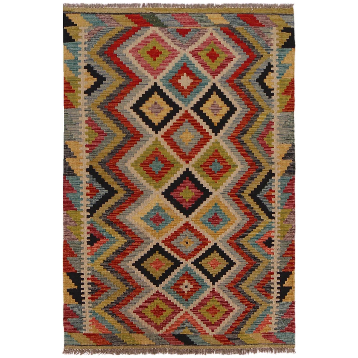 Hand Knotted Afghan Style Kilim 3' 4" x 4' 11" ft / 101 x 149 cm - No. P35716